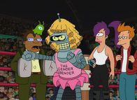 Futurama – (v.l.n.r.) Hermes Conrad; Bender; Leela; Fry