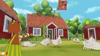 Pettersson und Findus – Findus ärgert die Hühner, indem er seinen Windvogel knapp über ihre Köpfe fliegen lässt.