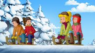 Bibi und Tina – Bibi (2.v.r.) und Tina (r.) haben mit den Ferienkindern Ronja (2.v.l.) und Luzie (l.) Spaß im Schnee.
