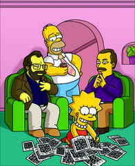 Die Simpsons – Mit Hilfe von Rätselbauer Merl Reagle (l.) und dem Herausgeber der New York Times-Kreuzworträtsel, Will Shortz (r.), hat Homer (2.v.l.) eine versteckte Botschaft für Lisa (2.v.r.) vorbereitet.