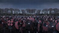 Angriff der Wikinger – The Wychurst Manorial Burgh, New Road, Herne Common, Kent, UK: Reenactment. The army of Anglo-Saxons prepare for the battle. A thousand years ago, Anglo-Saxon England was under attack from pagan warriors -- the Vikings -- who sailed from the frozen lands of Scandinavia in search of riches.