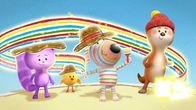 Dylans Spielkiste – Daisy (l.), Bitsy (2.v.l.), Dylan (2.v.r.) und Ozzy (r.) haben ihr heutiges Spiel als Dinosaurierexperten mit viel Spaß zu Ende gebracht. Nun verwandeln sie sich wieder zurück.