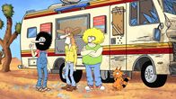 The Freak Brothers – (v.l.n.r.) Phineas T. Phreakers; Freewheelin' Franklin Freek; Fat Freddy Freekowtski; Kitty