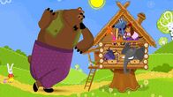Maschas Märchen – Der Hase und der Bär stehen vor dem Haus der Füchsin.