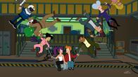 Futurama – Fry (unten r.) löst mit dem neuen Gerät von Professor Farnsworth einen kompletten Zeitstillstand des ganzen Universums aus, der nur ihn und Leela (unten l.) nicht betrifft ...