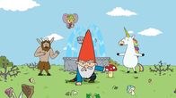 Super Happy Magic Forest – Die Freunde - Hufius (l.), Twinkle (2.v.l.) Tupfen (2.v.r.) und Blümchen (r.) staunen, denn Herbert (M.) ist verjüngt! Er hat ein Schlückchen vom Jungbrunnenwasser getrunken.