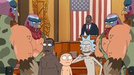 Rick and Morty – The President (3.v.l.), Morty (m.), Rick (vorne, 3.v.r.), Turkey President (hinter)