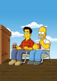 Die Simpsons – Das Dach der Simpsons hat ein Loch, und Marge verlangt, dass Homer (r.) es repariert. Zufällig lernt der in einer Kneipe den Dachdecker Ray (l.) kennen, und der verspricht ihm zu helfen ...