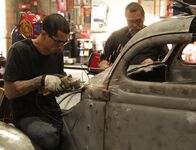 Die Auto-Messies – Jerome Mena and Benjamen Flores work on car. Build Car is 1936 Ford Coupe.
