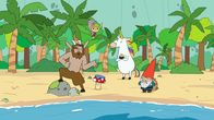 Super Happy Magic Forest – Von links: Hufius, Twinkle, Tupfen, Blümchen und Herbert. Die Helden müssen zur Insel "Meerhallig", um die Bewohner vor einem Klumpen wütenden Seegrases zu beschützen. Blümchen kann sich aber noch nicht von ihrer regenbogenfarbenen Badebombe trennen.