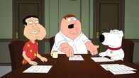 Family Guy – Versuchen, den Mord am Berater von Bürgermeister West aufzuklären: Brian (r.), Peter (M.) und Quagmire (l.) ...