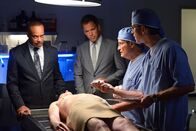Navy CIS – Leon Vance (Rocky Carroll, l.), Anthony DiNozzo (Michael Weatherly, 2.v.l.), Dr. Donald Mallard (David McCallum, 2.v.r.) und Jimmy Palmer (Brian Dietzen, r.) müssen herausfinden, warum die Leiche eines US-Bürgers, der in Russland lebte, von zwei Kugeln durchbohrt wurde ...