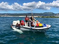 When Sharks Attack - Hai-Alarm – Hannah Verkamp (l.) und der Meeresbiologe (2.v.l) Kevin Weng markieren mit demForschungsteam einen 12 Fuß langen, weiblichen Tigerhai vor dem Hafen von Ke'ehi auf Oahu.