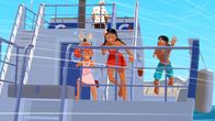 Zoom - Der weiße Delfin – Marina (l.), Timeti (M.) und Auru (r.) versuchen sich auf dem Deck der "Taaora" festzuhalten. Ein plötzlicher Strudel hat das Schiff von Onkel Patrick (oben) erfasst und droht, es nach unten zu ziehen.