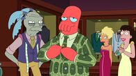 Futurama – Zoidberg (2.v.l.) hat in einem Müllcontainer acht Millionen Dollar gefunden. Er nimmt das Geld und macht sich auf den Weg nach Mars Vegas, doch vorher muss ein neuer Anzug her ...