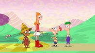 Phineas und Ferb – Candace (2.v.li.) ist in Spotz gelandet. Sie macht sich auf den Weg zum Zauberer von Spotz um ihre beiden Brüder Phineas (2.v.re.) und Ferb (re.) auffliegen zu lassen..