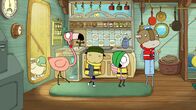 Sarah & Duck – Cloud Captain zeigt Sarah, Duck, Flamingo und John das Unterdeck.