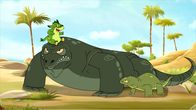 Hexe Lilli – Hektor sitz auf dem Kopf des großen Komodowarans.