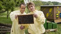 Löwenzahn – Die Honigmacher! Fritz Fuchs (Guido Hammesfahr, r.) bekommt von Imker Sven (Oliver Dupont, l.) eine Einweisung in die Bienenzucht.