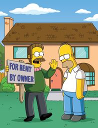 Die Simpsons – Homer (r.) hat mal wieder über die Stränge geschlagen und die Familie wird Opfer der Zwangsversteigerung ihres Hauses. Ned Flanders (l.) hat Mitleid mit seinen Nachbarn und ersteigert kurzerhand das Haus der Simpsons.