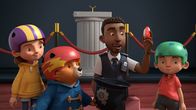 Paddingtons Abenteuer – v.li.: Judy Brown, Paddington, PC Wells, Jonathan Brown