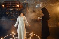 The Haunted Museum – Exorcist in hood casting out demons from a woman