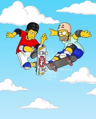 Die Simpsons – Um Bart nachhaltig zu beeindrucken, lässt sich Homer (r.) auf ein Skateboard-Rennen mit Tony Hawk (l.) ein ...