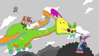 Super Happy Magic Forest – Balthasar, der Zauberer (rechts), hatte einen Drachen (Mitte) gefügig gemacht, der alle Farben aus der Welt heraussaugt. Doch der verschlagene Magier hat die Rechnung ohne die fünf Helden - Twinkle, Herbert, Hufius, Tupfen und Blümchen - gemacht, die Balthasar mit der Hilfe des Drachen überwältigen.
