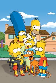 Die Simpsons – L-R: Snowball, Lisa, Marge, Santa's Little Helper, Maggie, Homer, Bart