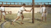 Schätze des Römischen Reichs – A 2D CGI showsa gladiator training with wooden gladius. (Windfall Films)
