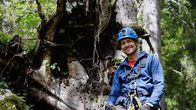 Terra X: Kunz und die Welt – Uli Kunz sitzt mit Schutzhelm und Kletterausrüstung auf einen Baumstamm im rumänischen Wald.