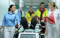 In aller Freundschaft – Der Notarzt (Markus Neumann, 2.v.re.) bringt ein Unfallopfer in die Sachsenklinik, das schwerste Brandverletzungen hat. Dr. Lea Peters (Anja Nejarri, re.), Dr. Kai Hoffmann (Julian Weigend, 2.v.li.) und Oberschwester Arzu Ritter (Arzu Bazman, li.) müssen schnellstens reagieren. Der Patient schwebt in Lebensgefahr. Mitte: Komparse