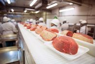 Das System Tönnies – Stockfotografie Fabriklinie von rohem Schweinefleisch mit Arbeitern in Industriefabrik