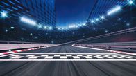 FastZone – Ziellinie der Rennstrecke und beleuchtetes Sportstadion bei Nacht. Professionelle digitale 3D-Illustration.