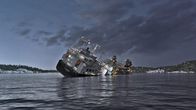 In Seenot – Die Rocknes läuft auf einen Felsen auf, der ein Loch in den Rumpf des Schiffes reißt. Dieser läuft voll Wasser und bringt das Schiff zum Umkippen.