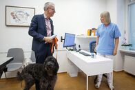 SRF bi de Lüt – Botschafter Paul Seger lässt seinen Hund Kari vor seinem geplanten Fussmarsch von Deutschland nach Basel nochmals gründlich von der Tierärztin durchchecken.