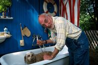 Löwenzahn Classics – Natürlich braucht der herrenlose Hund ein Bad, meint Peter (Peter Lustig). Der Hund ist jedoch anderer Meinung.