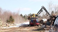 Holzfäller extrem – Crane picking up wood at wood pile.