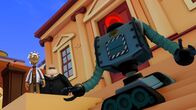 The Garfield Show – Der verrückte Professor Bonkers hat im Auftrag von Bürgermeister Grafton Polizei-Roboter entwickelt.