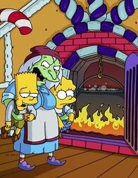 Die Simpsons – Bart (l.) und Lisa (r.) wurden von ihren Eltern ausgesetzt und sind bei der bösen Hexe (M.) im Lebkuchenhaus gelandet.