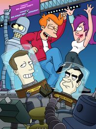 Futurama – Noch ahnen Bender (l.), Fry (M.) und Leela (r.) nicht, welche Naturkatastrophe auf sie und auch auf Al Gore und Richard Nixon zukommt ...