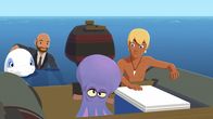 Zoom - Der weiße Delfin – Tintenfisch Bobby (v.) war ausgebüxt und wurde von Yann (r.), Zoom (l.) und Milliardär Philippe (2.v.l.I) wieder eingefangen.