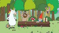 Super Happy Magic Forest – Blümchen, Hufius, Tupfen, Herbert und Twinkle (von links nach rechts) haben die Rollen mit dem Rat des Glücks getauscht. Die Helden bleiben als Rat zurück, während der Rat auf Mission geht.