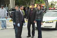 Castle – Ein seltsamer Mordfall macht Kevin Ryan (Seamus Dever, 2.v.l.), Javier Esposito (Jon Huertas, M.), Castle (Nathan Fillion, 2.v.r.) und Kate Beckett (Stana Katic, r.) zu Schaffen ...
