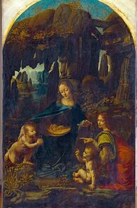 Leonardo da Vinci – Das Ölgemälde „Felsgrottenmadonna“ (circa 1483-1486) von Leonardo da Vinci zeigt die Jungfrau Maria mit dem Christuskind, dem Johannesknaben und dem Engel Uriel in einer Felsgrotte.