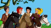 Bibi und Tina – Mikosch (2.v.r.) zeigt seinen Freunden Tina (2.v.l.), Alex (l.) und Bibi (r.), wo die Wildpferde leben.