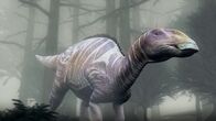 Jurassic C.S.I. – CGI: A zebra stripped hadrosaur in 3D environment.