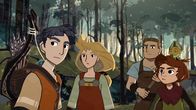 Das Rätsel der Runen – Hugo (l.) und seine Freundin Alice (2.v.l.) sowie die Freunde Turstin (M.), Wace (2.v.r.) und der Kleine Golès (r.) suchen im Wald nach Loki. Er muss in irgendeiner Gestalt wiedergeboren sein.