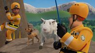 Feuerwehrmann Sam – Ellie und Sam retten Buddler und Wollie von dem wackeligen Felsvorsprung.