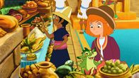 Hexe Lilli – Lilli und das Uromädchenstehen vor dem Buffet der Inkas.